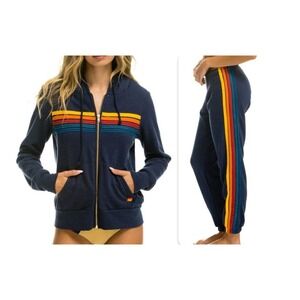 Aviator Nation 5 Stripe Hoodie sz S & Sweatpant sz XS in Navy